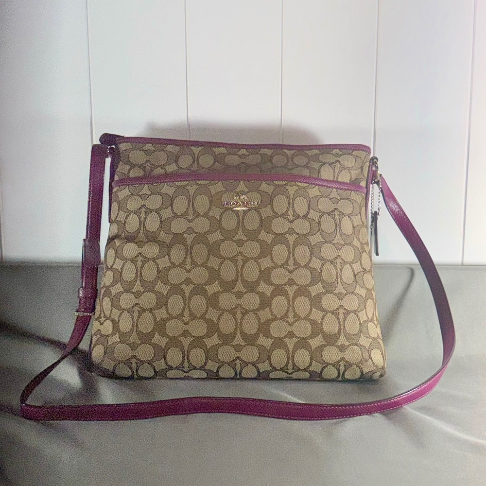 Coach F55363 Signature Canvas File Crossbody Bag Khaki Magenta Leather Trim